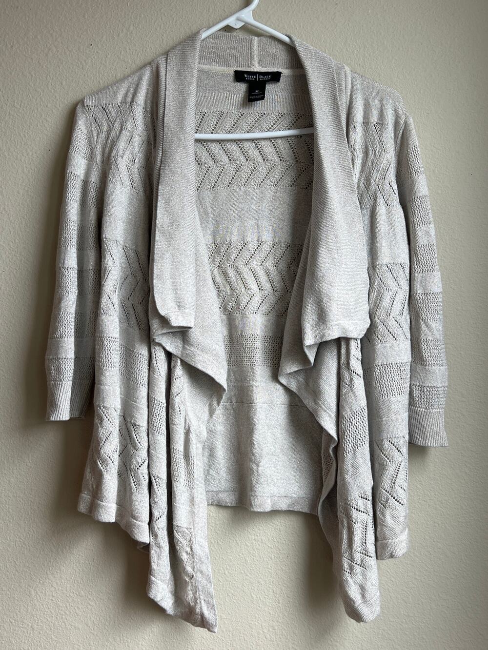 WHBM Metallic Silver Chevron Pointelle Draped Open Front Cardigan Medium